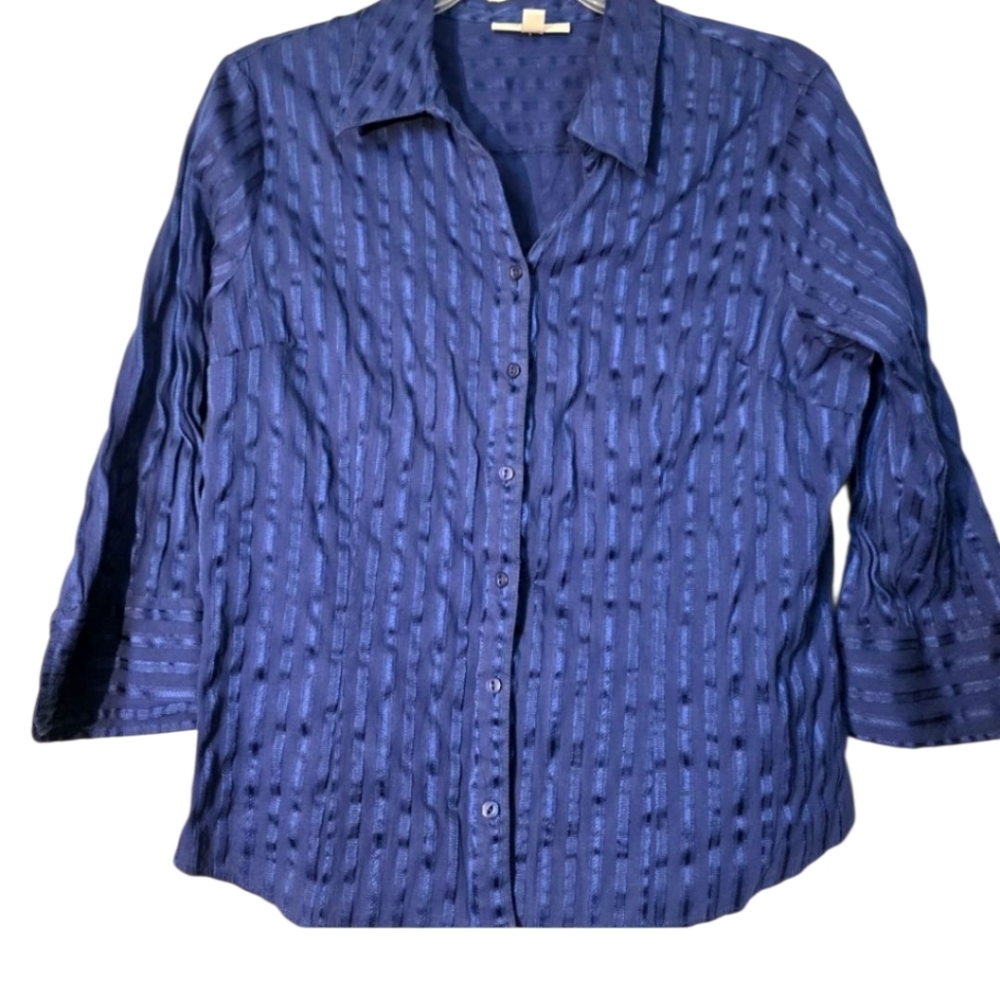 JM Collection Blue Stretch Button-Up Blouse Wide Cuffs V-neck Career 18 EUC